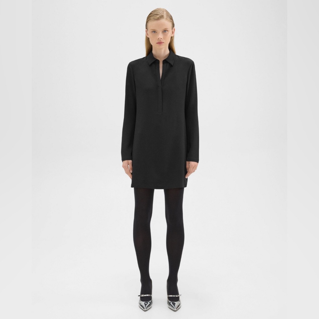 Theory Black Polo Collar Long Sleeve Button Up Front Dress